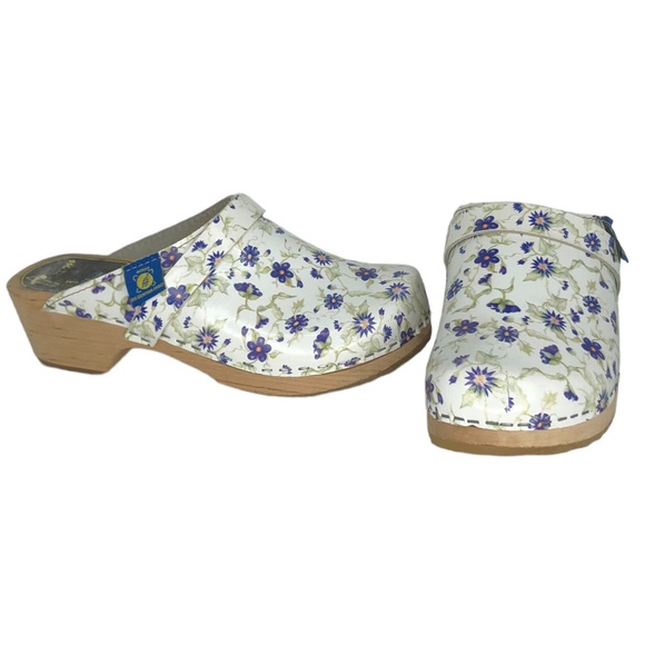 Across Floral Print Leather Swedish Wooden Clogs - Picture 12 of 12